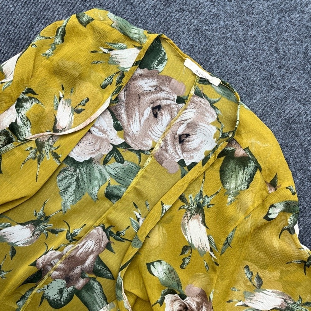 Easel Floral Kimono Mustard Yellow Sheer Bell Sleeve Boho Cardigan Large